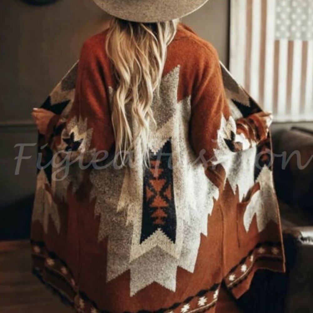 New Tribal Boho Brown Western Cardigan Sweater - Picture 3 of 6